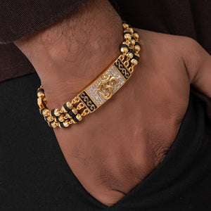 Om Design High-quality Gold Plated 3 Line Rudraksha Bracelet For Men Om Design High-quality Gold Plated 3 Line Rudraksha Bracelet For Men