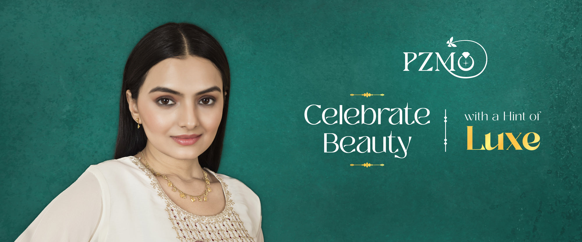 Woman with jewelry against a teal background with 'PZMO' branding .