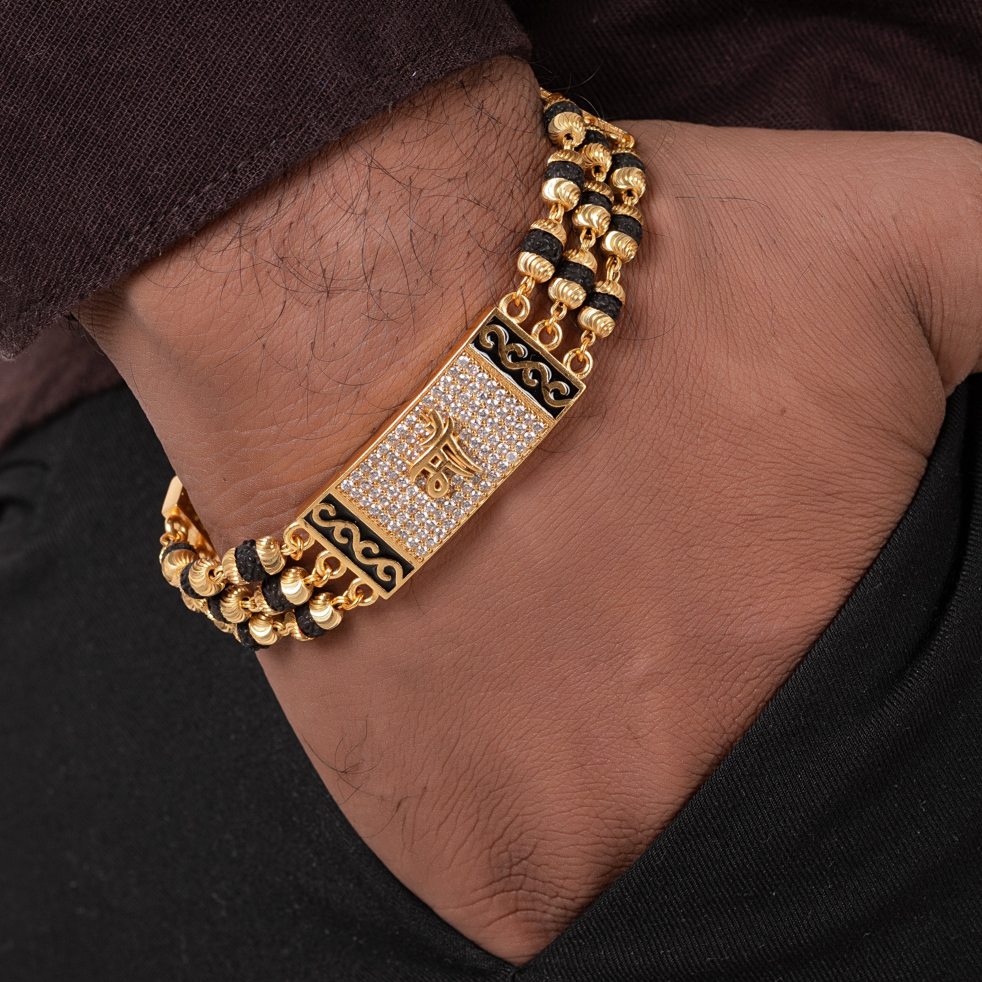 Maa Design High-quality Gold Plated 3 Line Rudraksha Bracelet For Men PZMO