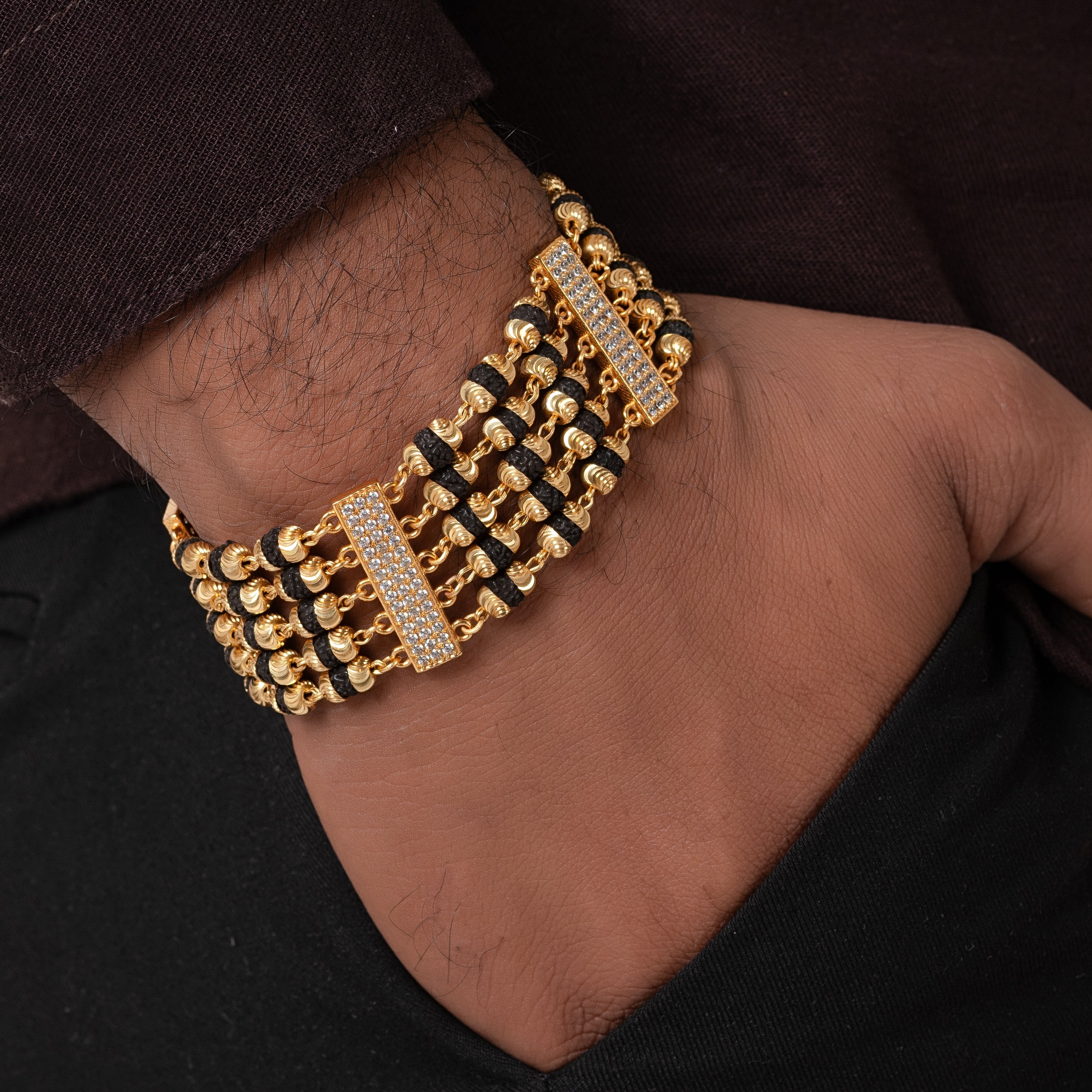 BLET Design High-quality Gold Plated 5 Line Rudraksha Bracelet For Men PZMO