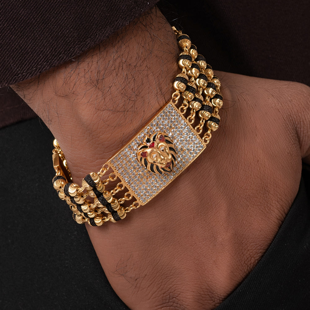 Tiger Design High-quality Gold Plated 5 Line Rudraksha Bracelet For Men