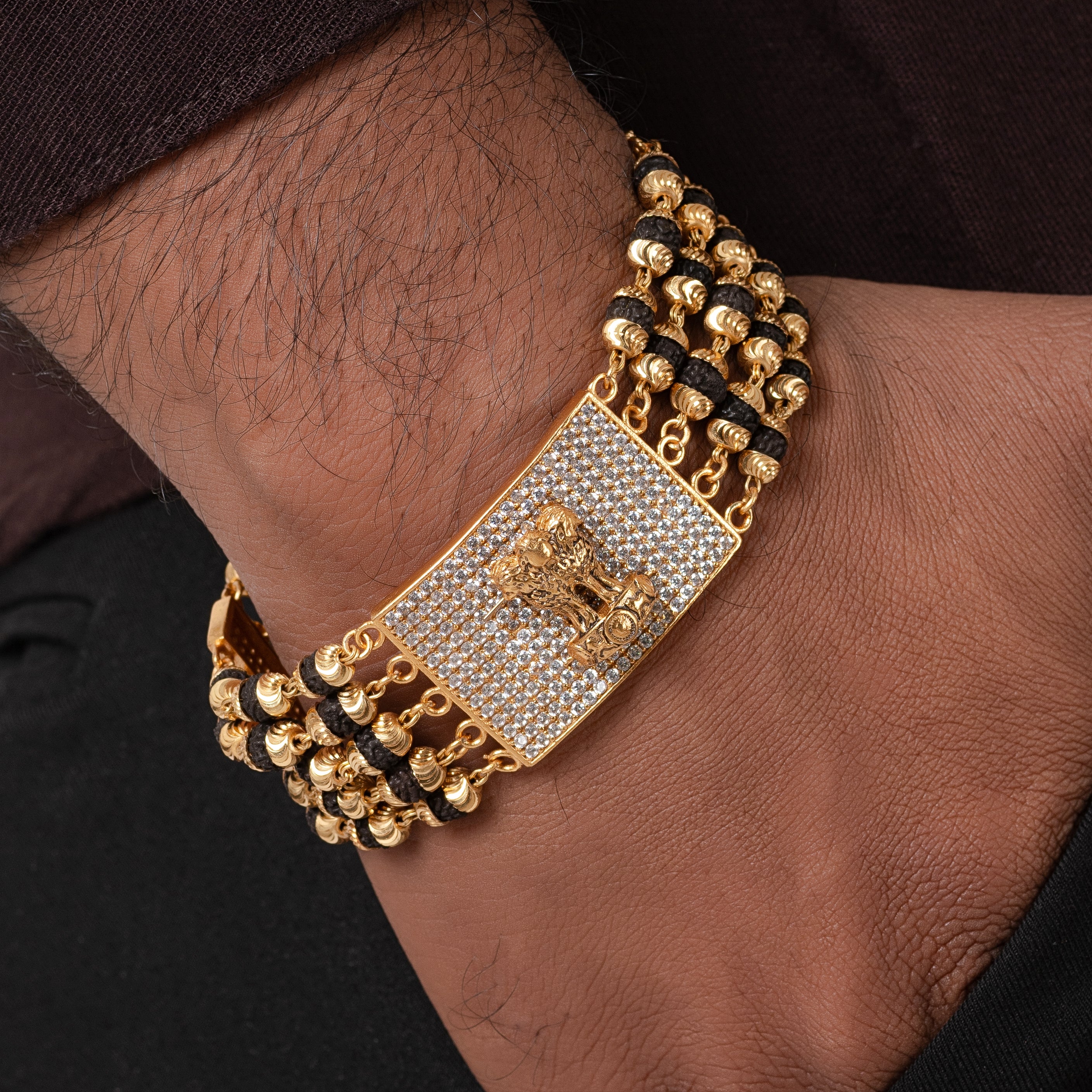ASHOK STAMBH Design High-quality Gold Plated 5 Line Rudraksha Bracelet For Men - PZMO