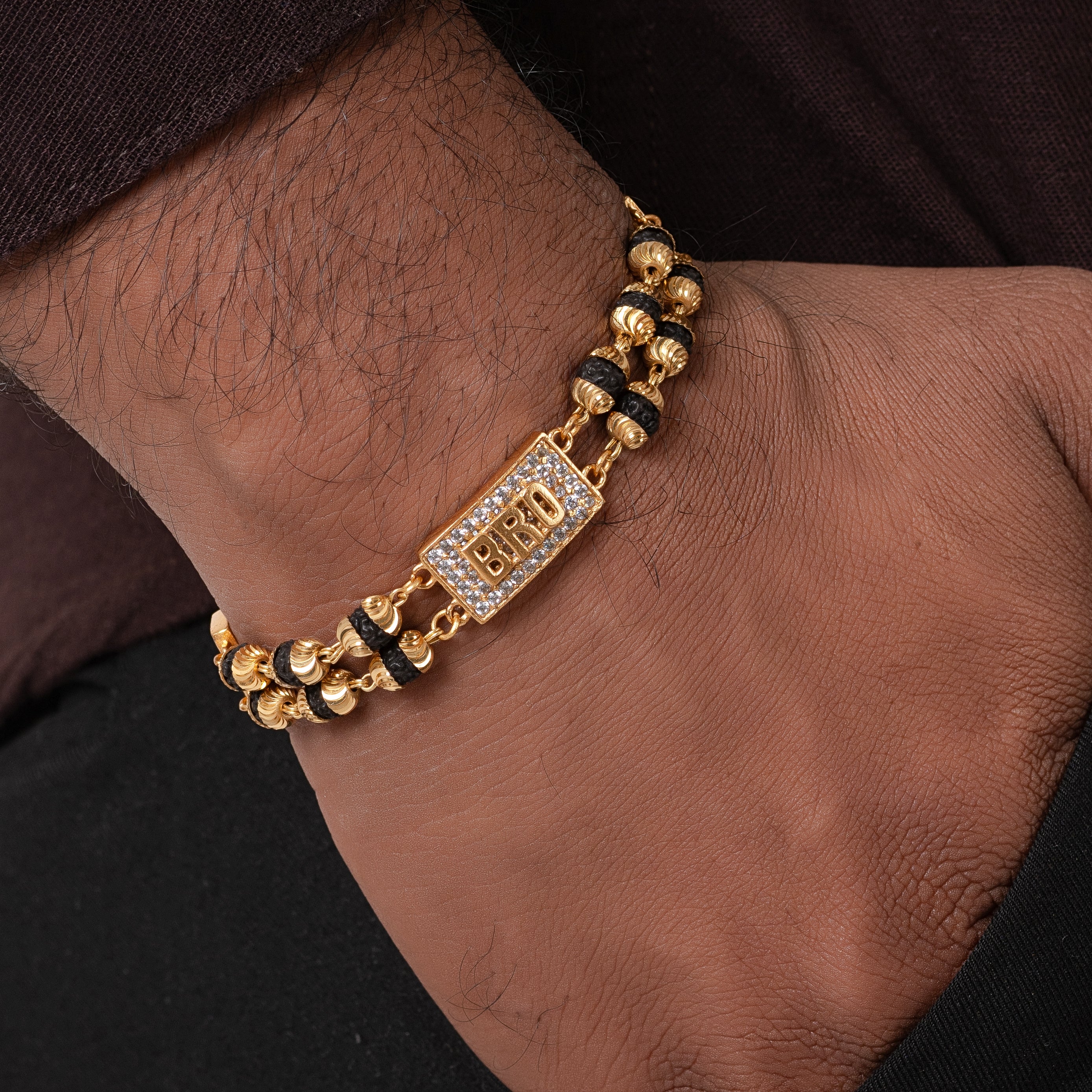 Bro Design High-quality Gold Plated 2 Line Rudraksha Bracelet For Men - PZMO