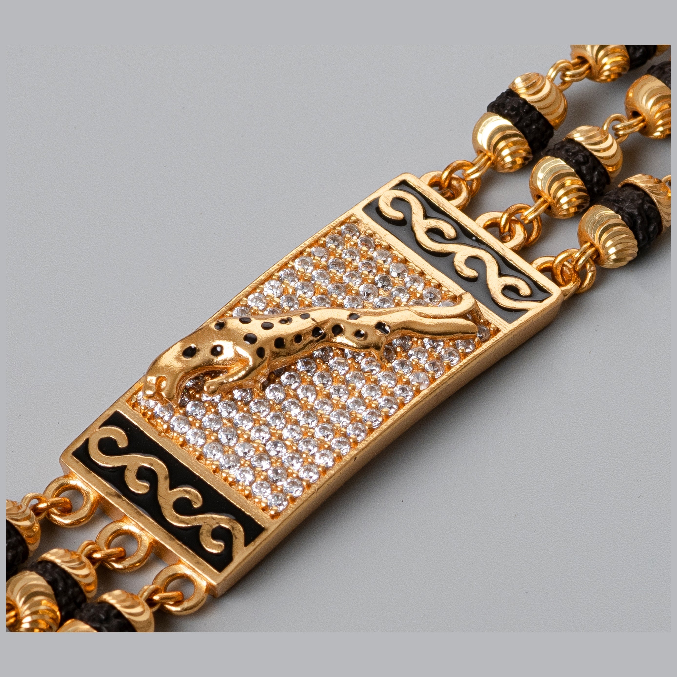 Jaguar Design High-quality Gold Plated 3 Line Rudraksha Bracelet For Men PZMO