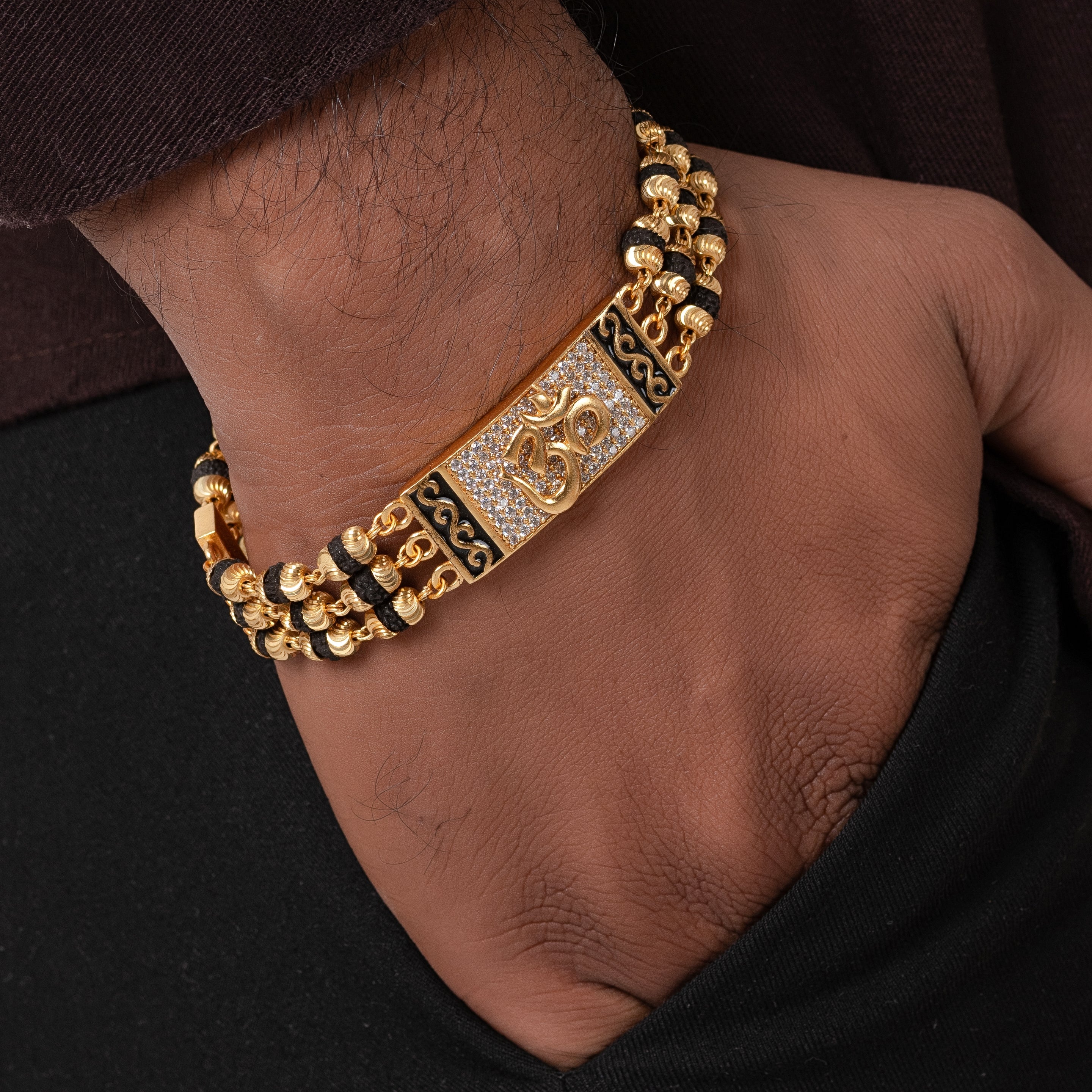 Om Design High-quality Gold Plated 3 Line Rudraksha Bracelet For Men PZMO