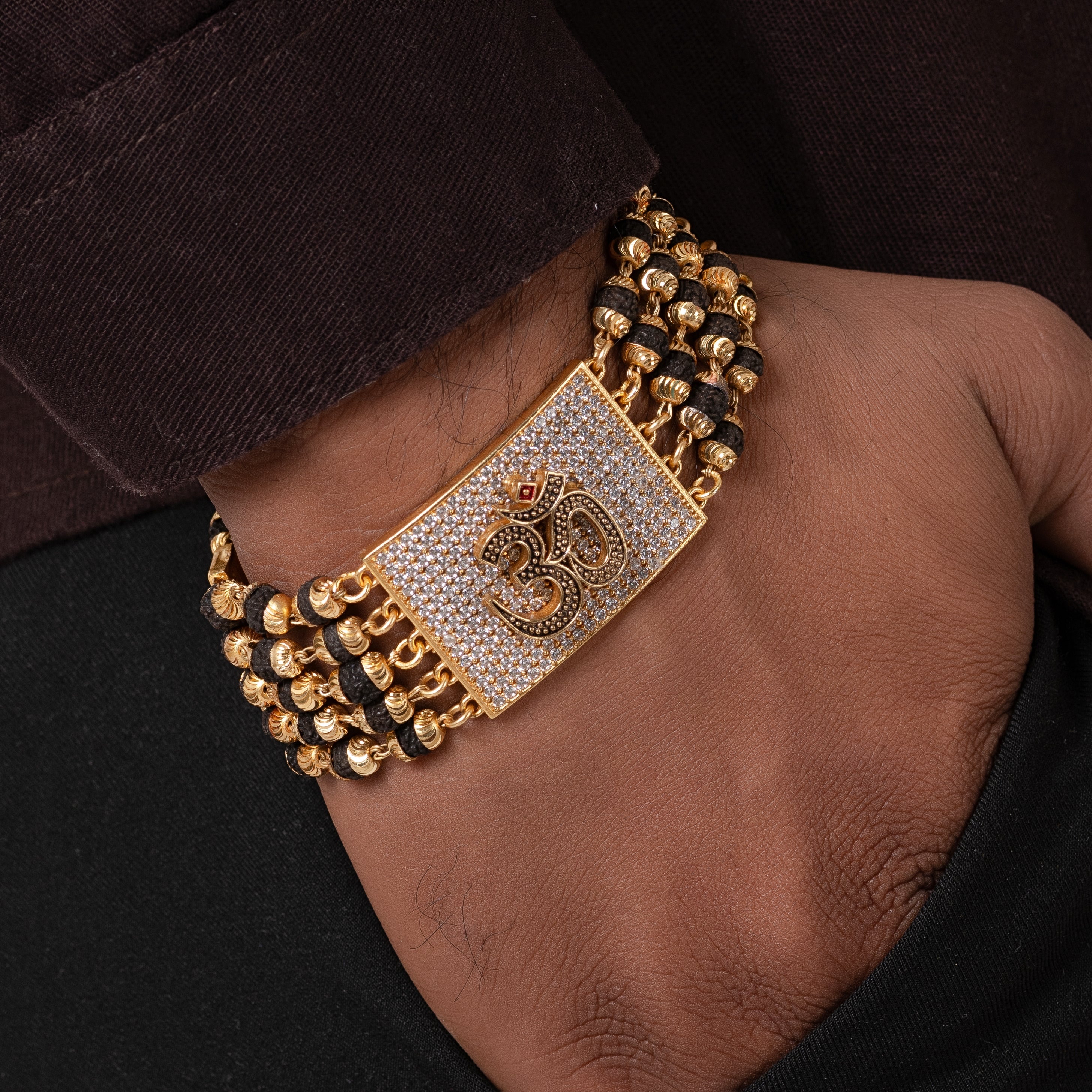 OM Design High-quality Gold Plated 5 Line Rudraksha Bracelet For Men PZMO