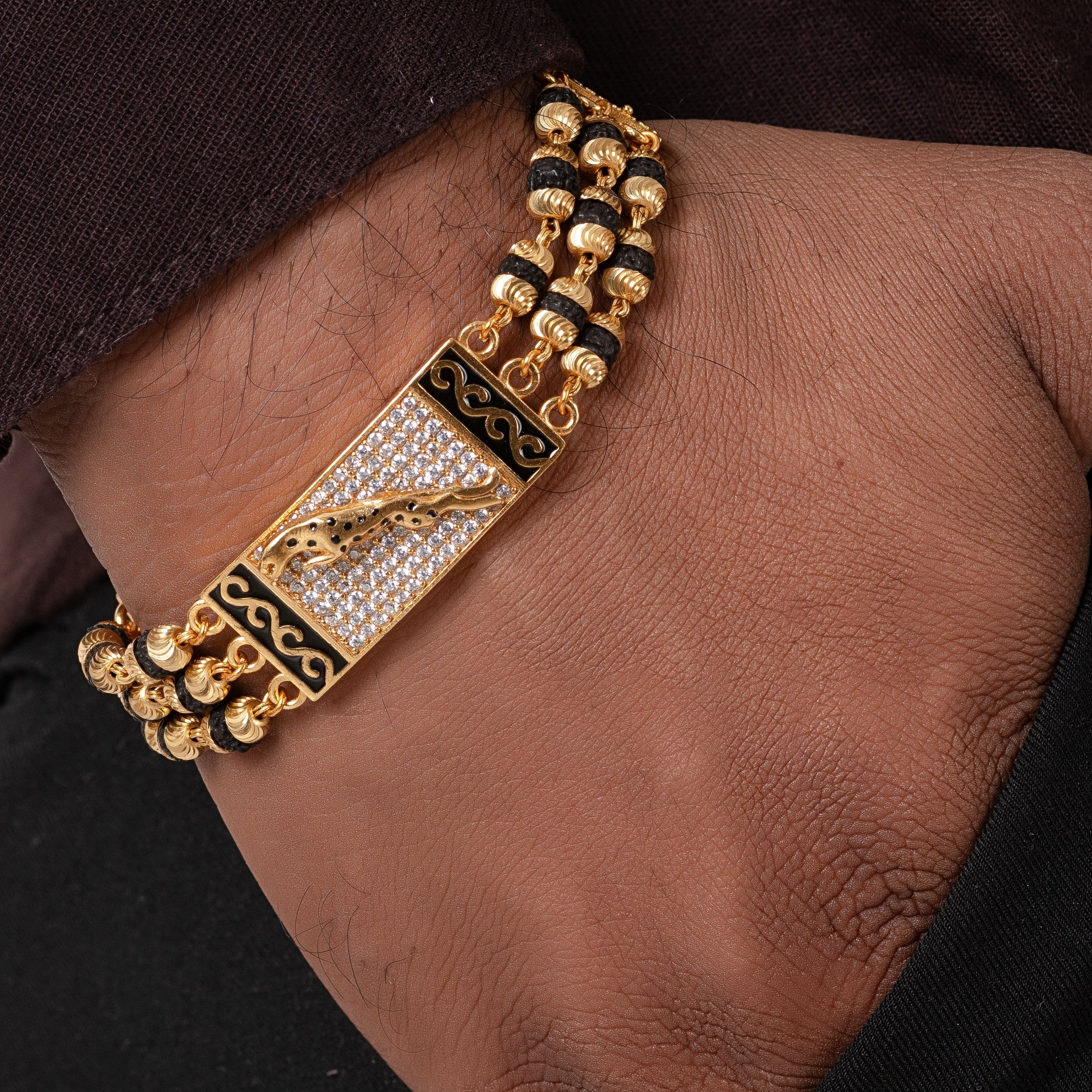 Jaguar Design High-quality Gold Plated 3 Line Rudraksha Bracelet For Men PZMO