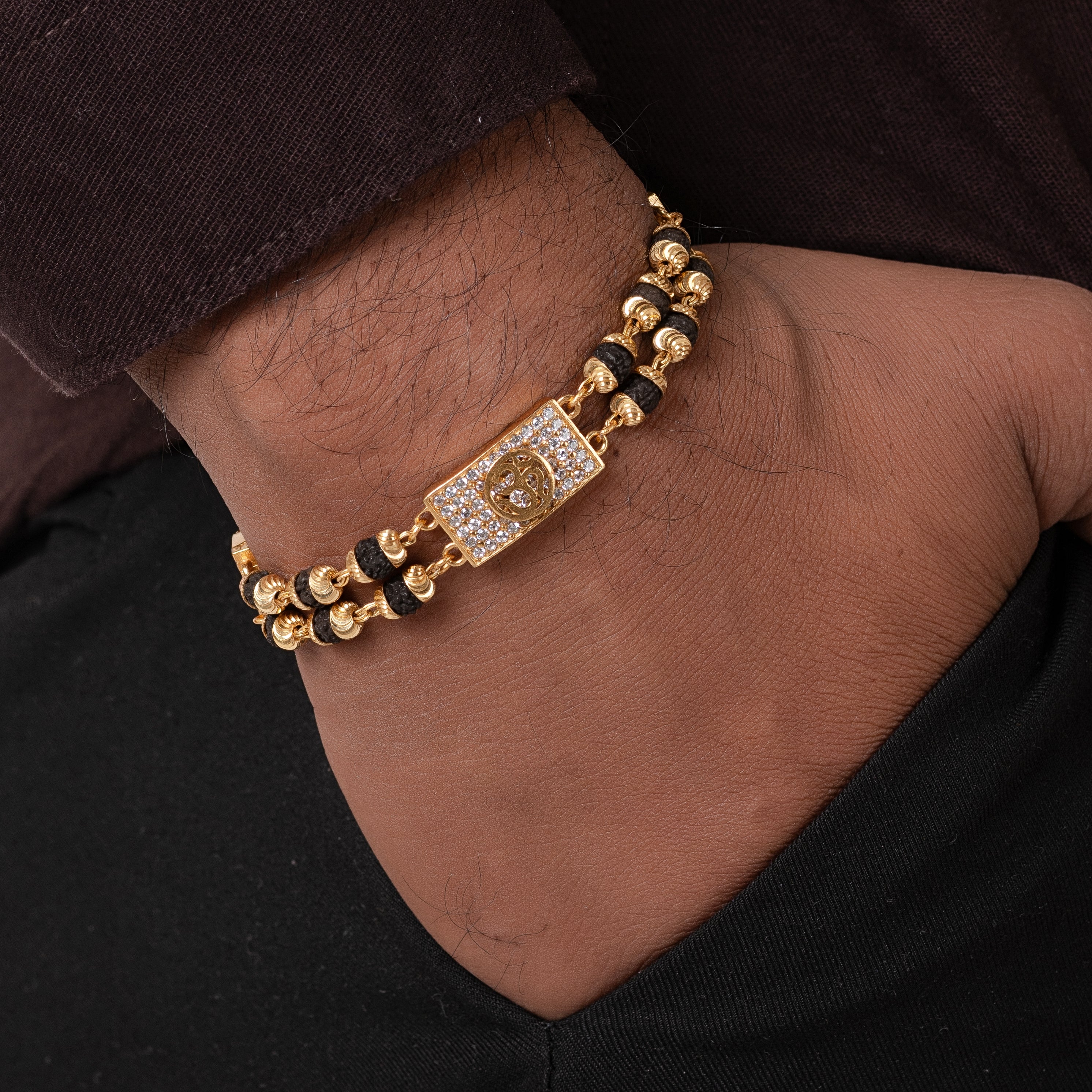 Om Design High-quality Gold Plated 2 Line Rudraksha Bracelet For Men PZMO