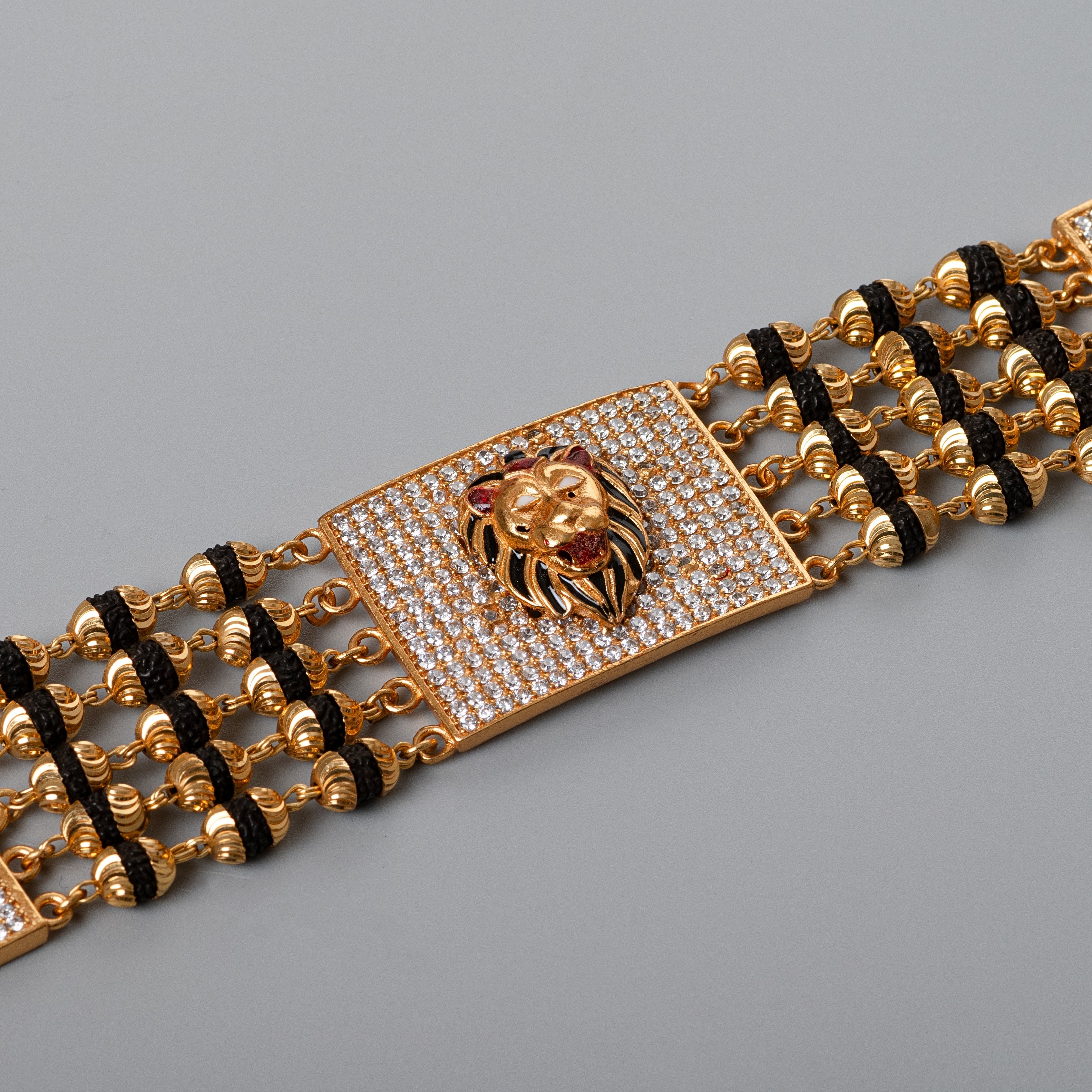 Tiger Design High-quality Gold Plated 5 Line Rudraksha Bracelet For Men PZMO