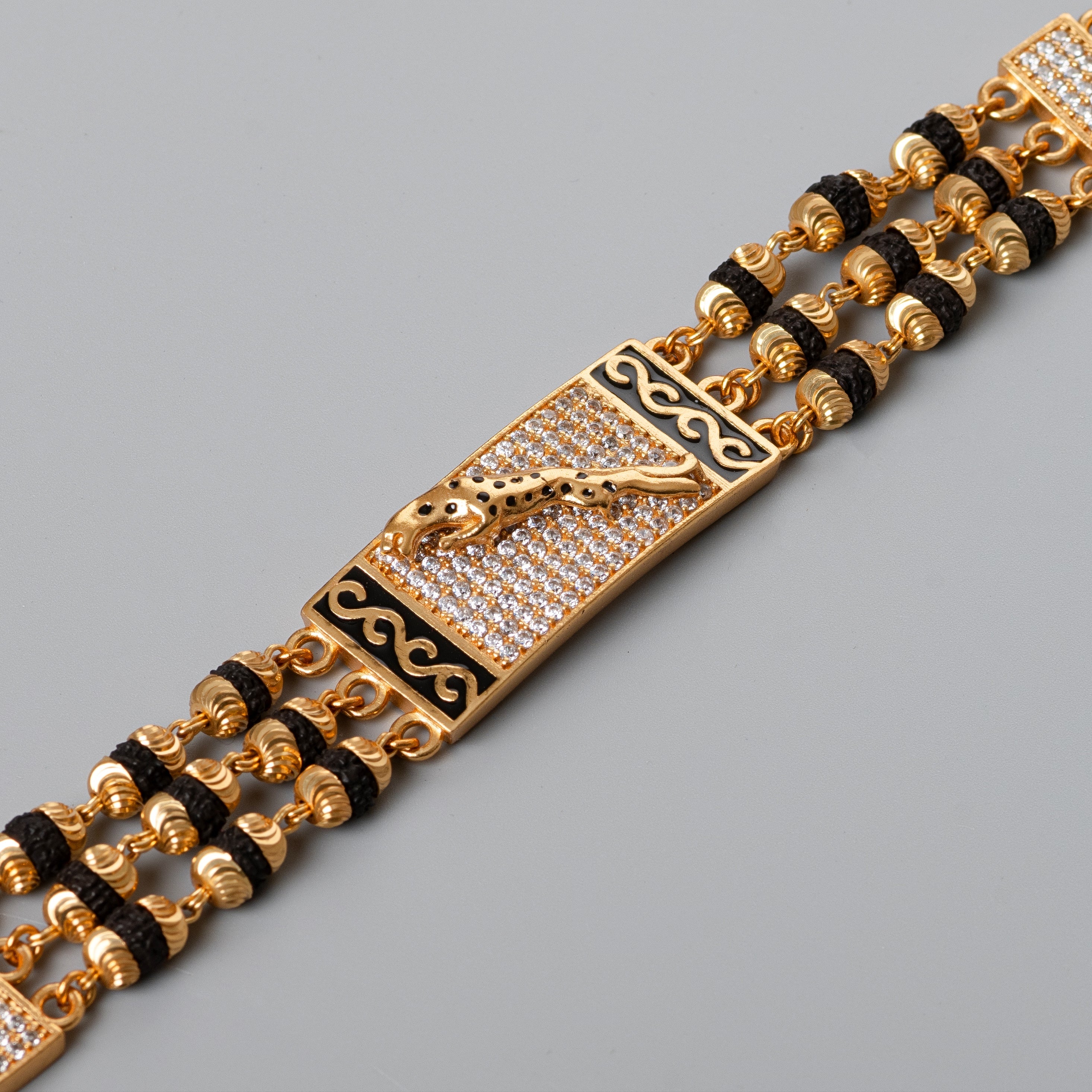 Jaguar Design High-quality Gold Plated 3 Line Rudraksha Bracelet For Men PZMO