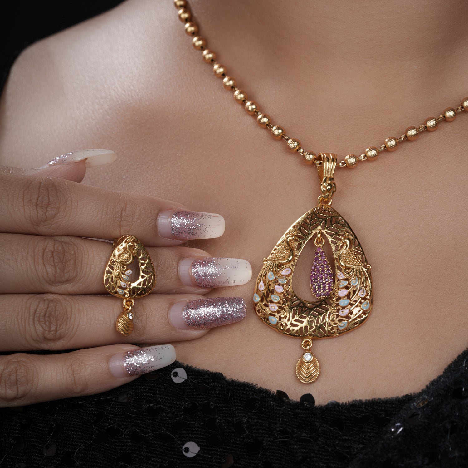 Elara Gold Plated Chain Pendant Set - PZMO